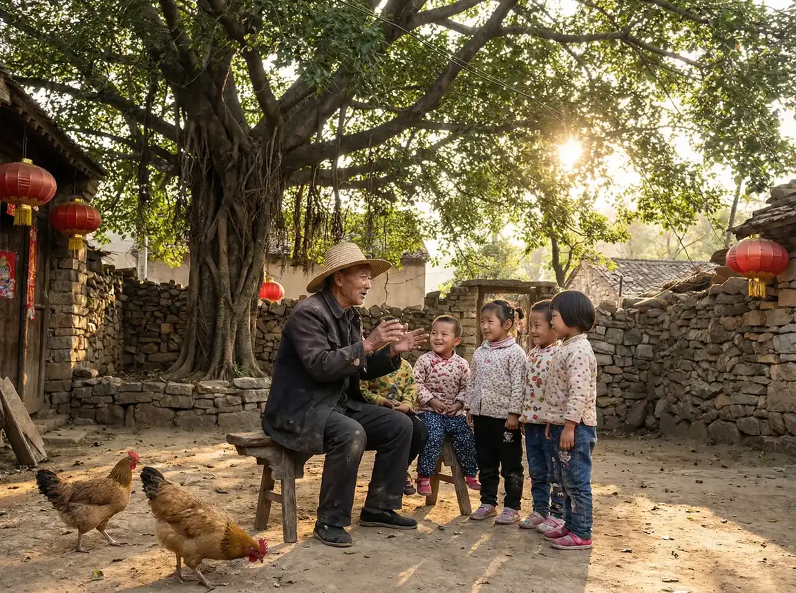 老人在大榕树下给孩子们讲故事 - 考试考差了沦为班级公交车 乡村记忆